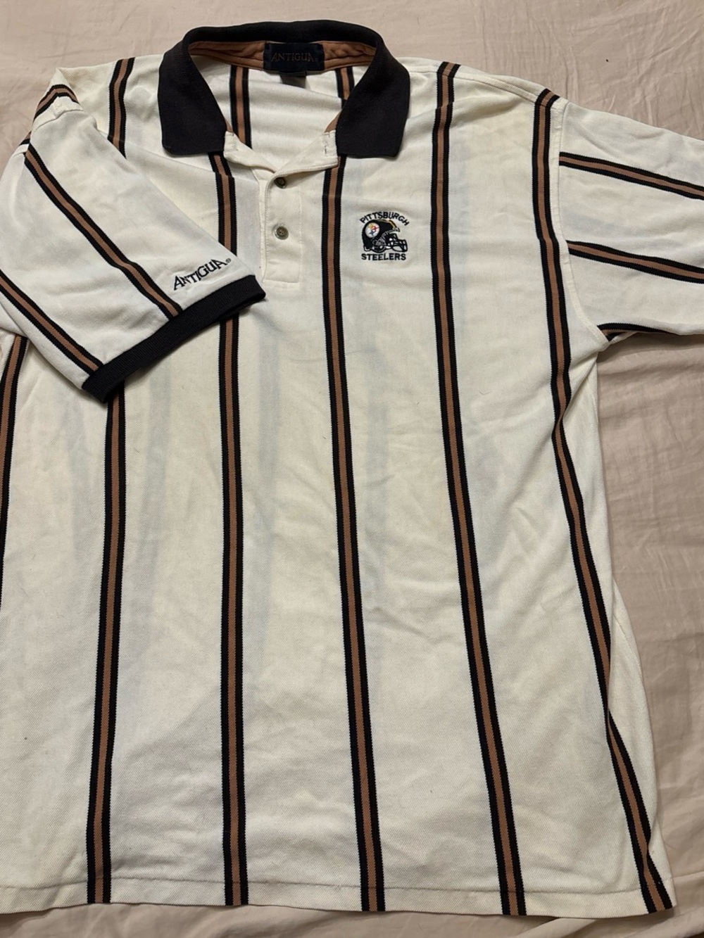Antigua White Polo with Black and Brown Stripes - Pittsburgh Steelers Logo